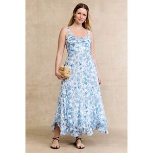 Hutch Blue White Floral Ruffle Hem Midi Dress Smocked Back 2X Toile Summer